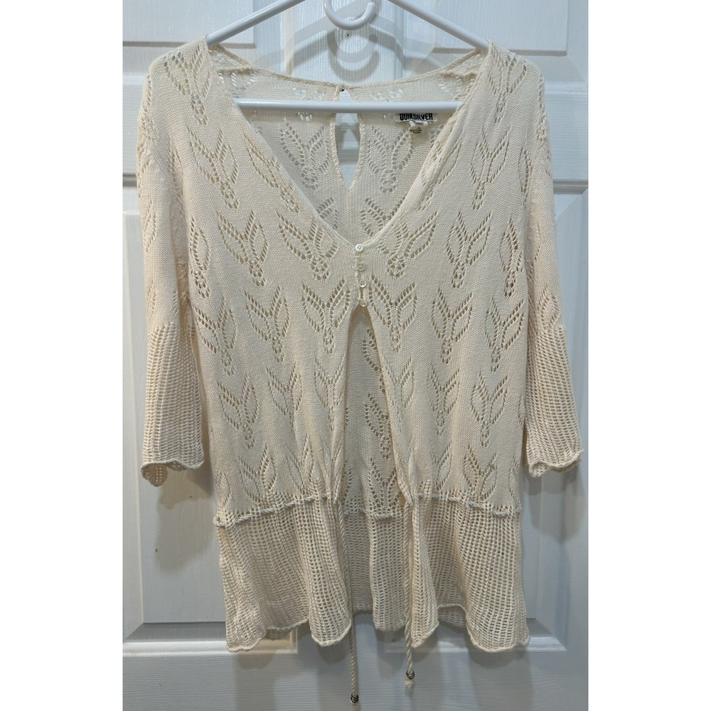 Quiksilver 100%‎ Cotton Crochet Knit Cardigan Sweater Sz M Coastal Boho Hippie